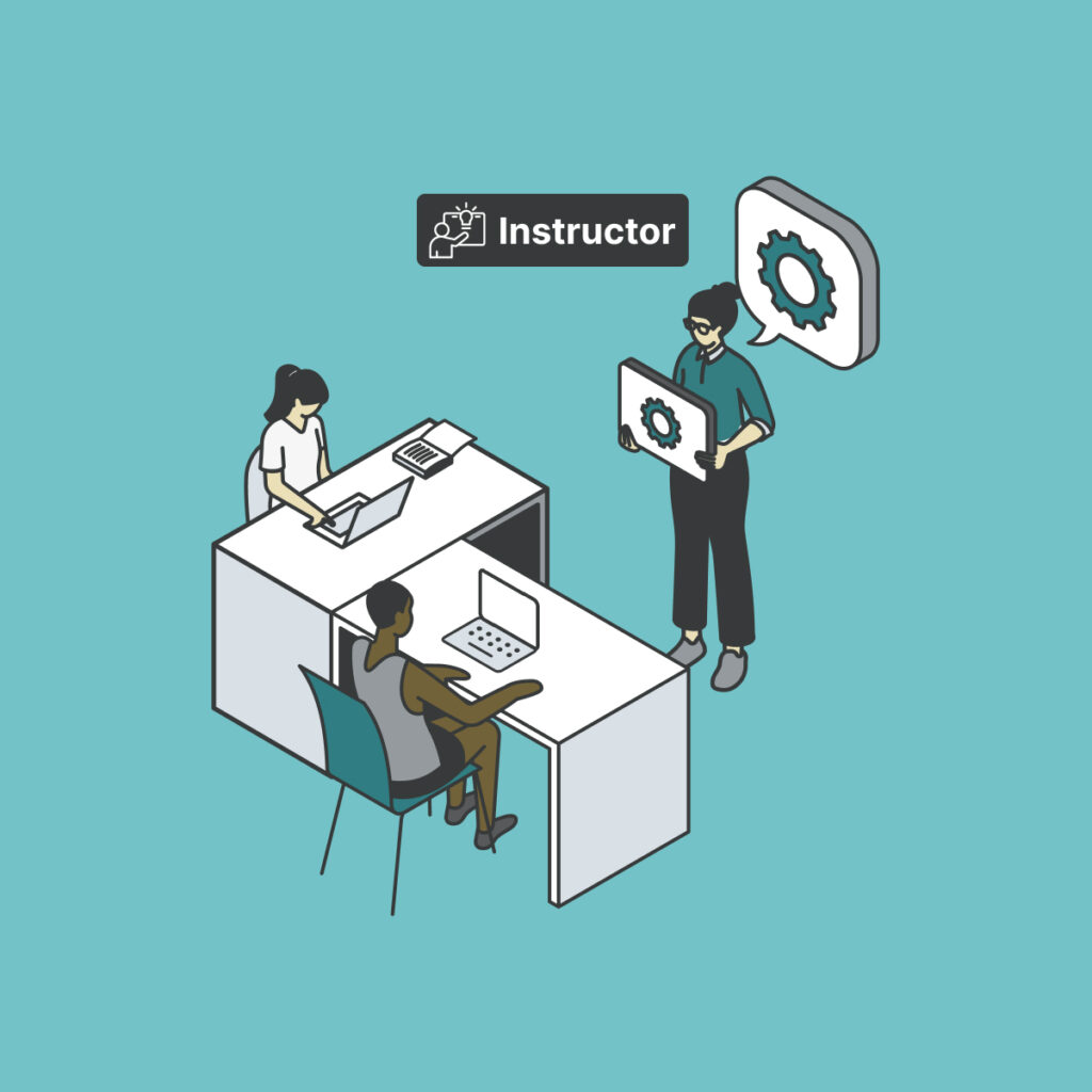 An instructor models metacognition for two students seated at desks. A gear icon above the instructor is used to represent metacognitive thinking.