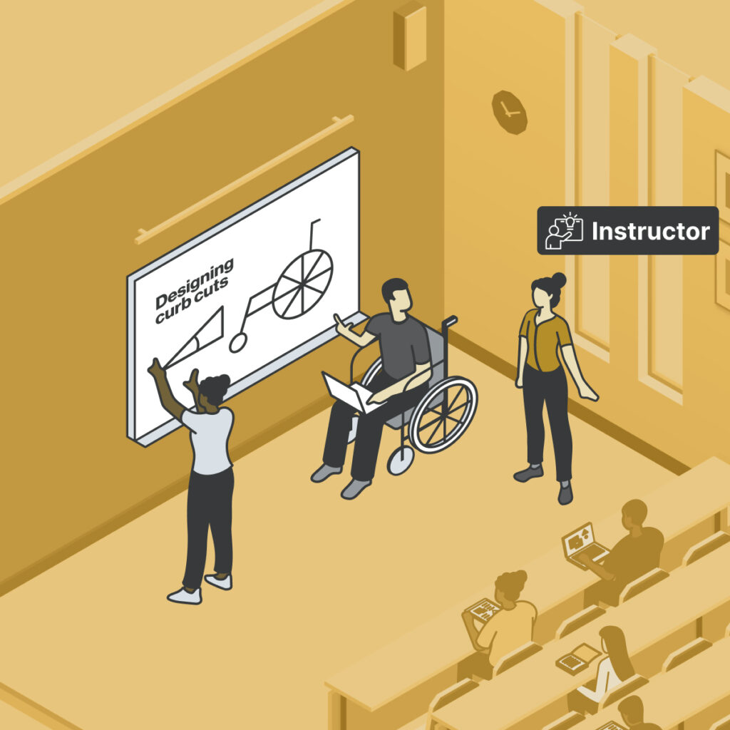 One standing student and one student in a wheelchair are giving a presentation about designing curb cuts. The instructor observes from the side.