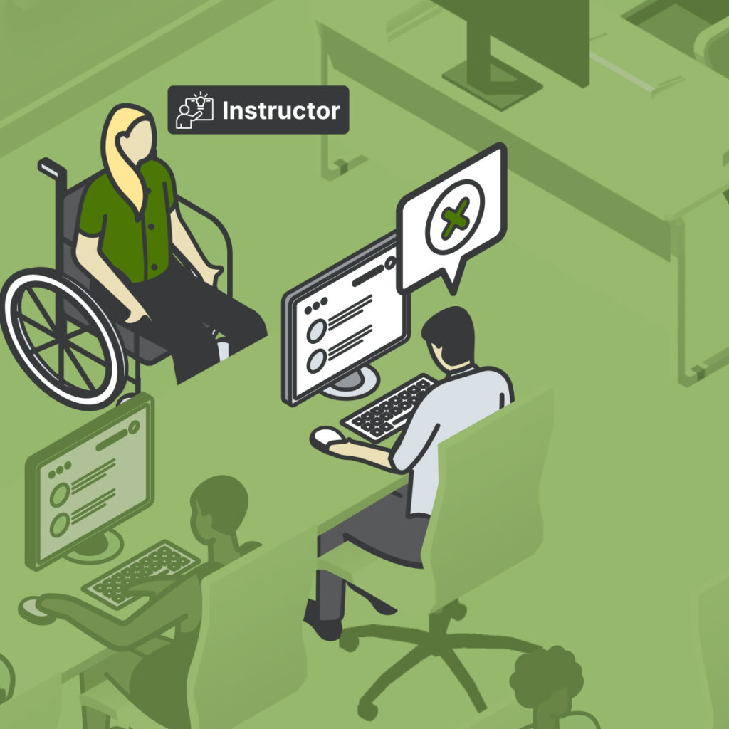 The instructor sits in a wheelchair in a computer lab classroom. A student taking an initial assessment on their computer submits an incorrect response, communicating that he has a gap in his knowledge.