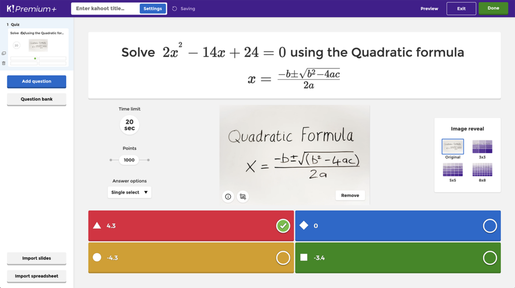 A screenshot of a Kahoot math quiz.